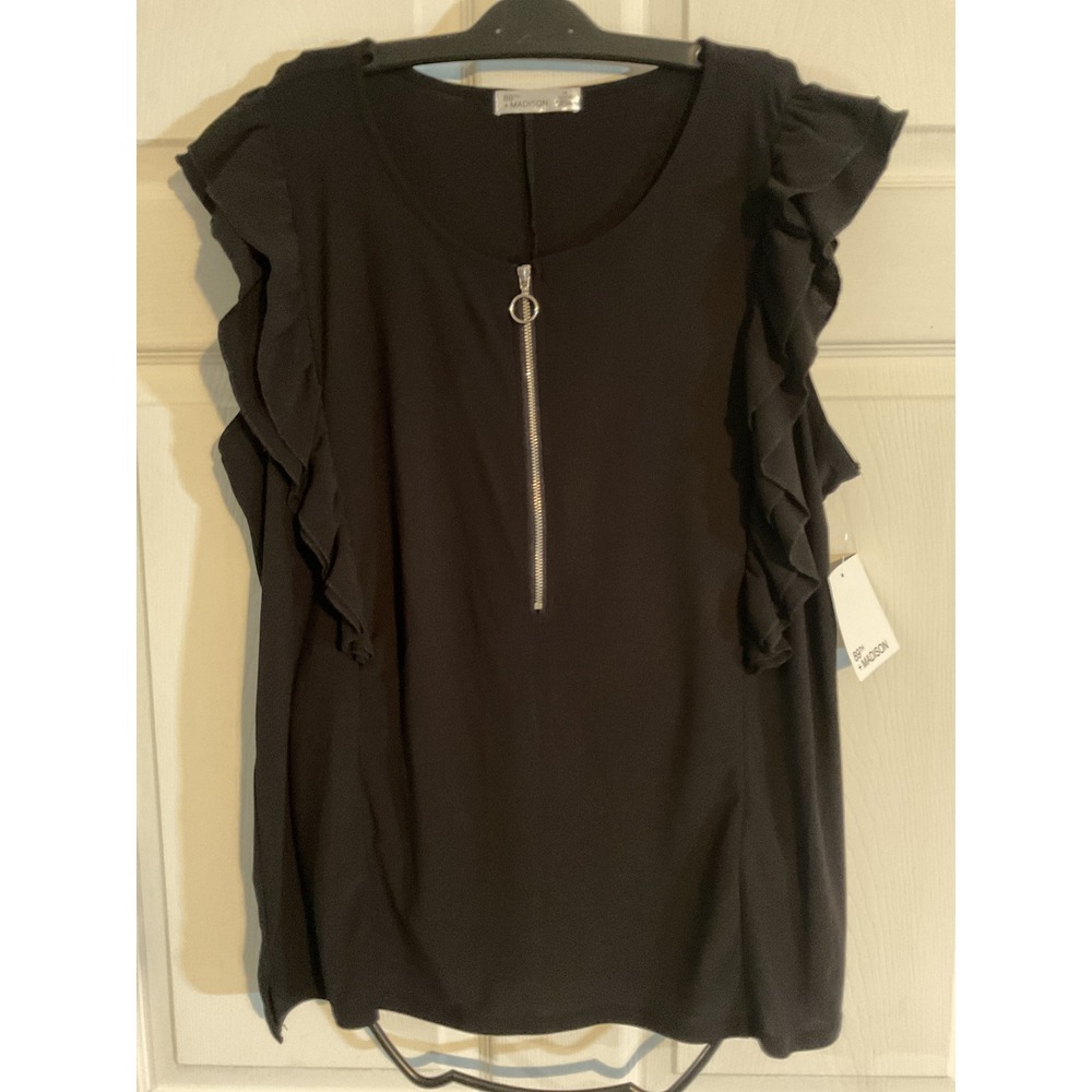 89th + Madison Womens 1X Black Ruffle‎ Sleeve Zip Front Blouse K0967AX1189 NWT